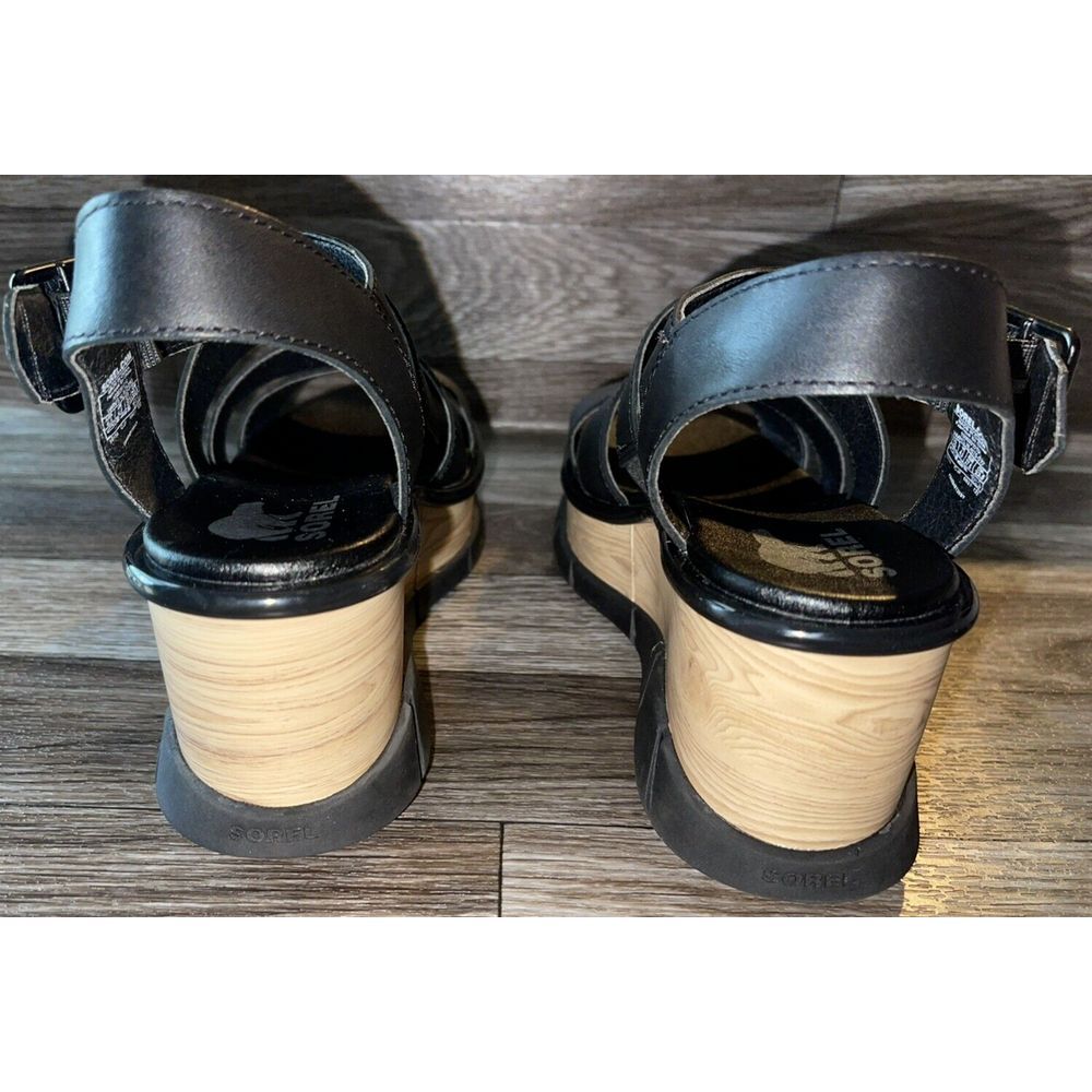 Sorel Black Leather Strappy Wedge Sandals with Wood-Effect Platform - Picture 5 of 7